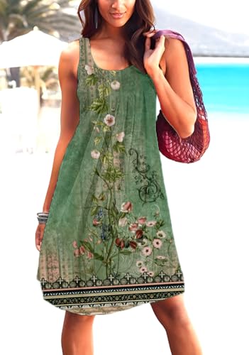 Image of Camisunny Women Casual Loose Tank Dresses Sleeveless Beach Vacation Dress Swing Pleated U Neck Fashion Soft