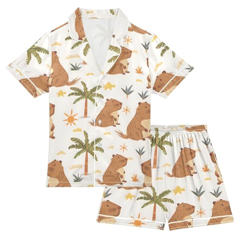 ALAZA Capybara Palm Tree Satin Pajamas Set Short Sleeve Button Down Sleepwear Summer Pjs 2 Piece