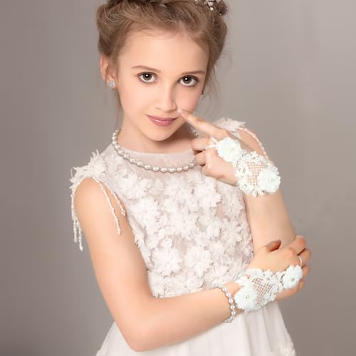 Newcotte 4 Pcs Pearl Necklace Sets for Little Girls Toddler Girls Jewelry Communion Glove for Christmas Tea Party Wedding2