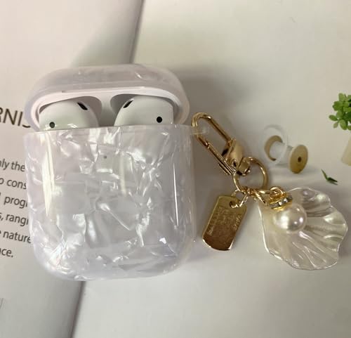 Image of OTOPO for Cute Airpods 2nd /1st Generation Case Girl Women with Cleaner Kit, Glitter Shell Pattern Apple iPods 2 /1 Gen Protective Cover Skin with Pearl Shell Keychain, White
