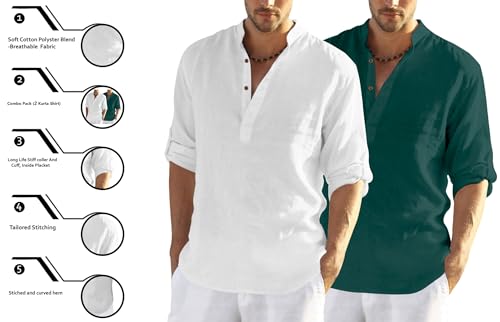 Image of FINIVO FASHION Men's Cotton Blend Solid Full Sleeve Combo Short Kurta Shirt, Regular Fit Solid Pattern Mandarin Collar Straight Kurta Shirt