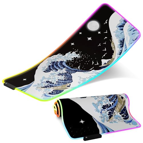 Image of Gerlos RGB Gaming Mouse Pad, Large LED Desk Mat, 31.5 x 11.8 Inch | 12 light modes, non-slip base, water-resistant surface, stitched edges