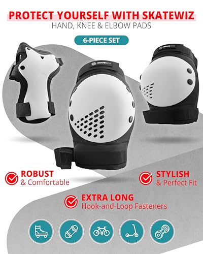 Image of SKATEWIZ Kids Knee Pads and Elbow Pads Set - Wrist Guards for Skateboarding - Smash - Size S Black White - Skating Protective Gear, Roller Skates, Skateboard - Ice Skating Kids