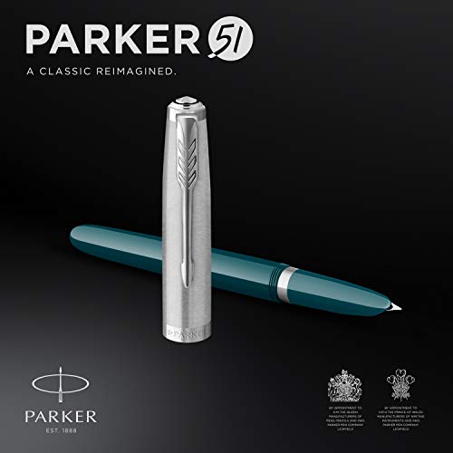 Image of Parker 51 Fountain Pen Teal Blue Barrel with Chrome Trim Fine Nib with Black Ink Cartridge Gift Box