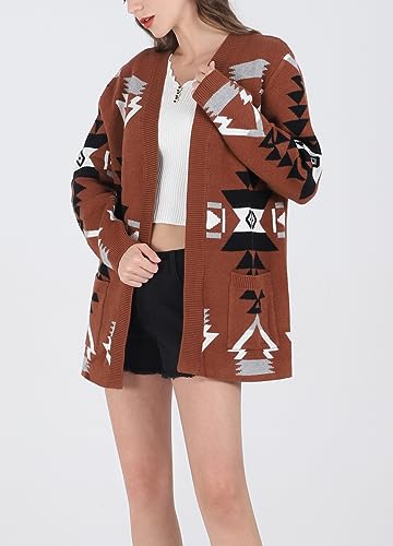 chouyatou Women's Tribal Aztec Print Sweater Open Front Knitted Jacquard Cardigan Sweater3