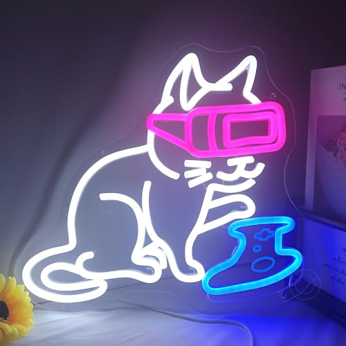 Image of SYLHOME Game Cat Led Neon Light Sign Gamer Controller Pad Bedroom Game Room Bar Pub Man Cave Wall Sign Decor Gamer Teen Birthday Decoration USB 13 inchX12 inch Dimmer