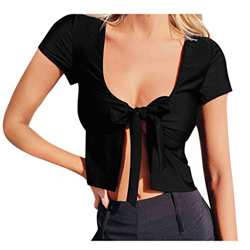 haoricu Summer Short Cardigan Women's Sexy Deep V Neck Short Sleeve Bandage Tie Front up Crop Tops Black