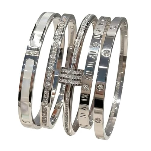 5-Piece Elegant Stainless Steel Bracelet Set, Fashionable Classic Design, Non Tarnish Stackable Bracelet for Everyday and Formal Wear (Silver)