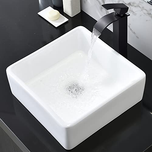 Square Bathroom Sink And Faucet Combo-Hovheir 15X15 Inch Above Counter Bathroom Vessel Sink White Washing Basin Bowl Sinks Small Sink Witch Matte Black Faucet And Pop-Up Drain Combo #TOP2