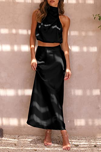 Prettygarden Women's 2 Piece Satin Outfits Summer Sleeveless Mock Neck Crop Tops And Long Skirt Dress Sets (Black,Medium) #TOP1