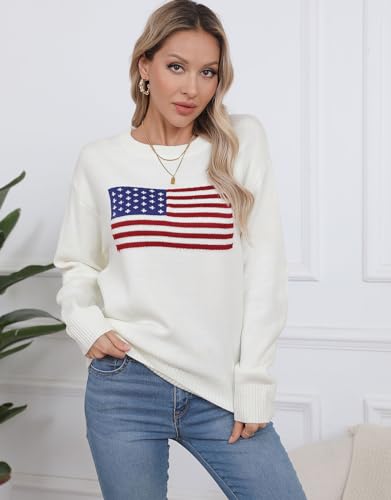 Women's American Flag Pullover Sweaters Long Sleeve Crew Neck Ligthweight Summer Sweater Apricot Medium4