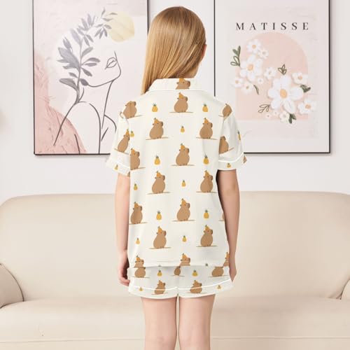 Cartoon Capybara with Pineapple Summer Satin Pajama Set, Cute Button-Down Sleepwear Pj Set for Sleep Wears4