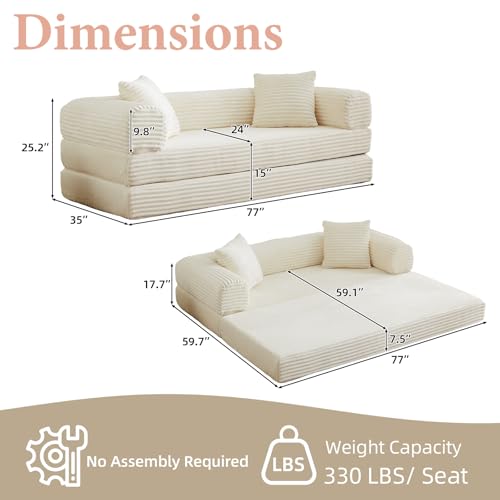 Image of 78 Inch Convertible Futon Sofa Bed,Folding Boneless Couch with Sleeper Sofa,Fold Out Floor Sofa Couch with Deep Seat,Cloud Corduroy Foldable Mattress Couches for Living Room(Off White)