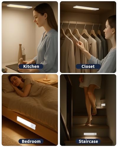 Image of Under Cabinet Lighting, 12 Inch Motion Sensor Light Indoor, 1800mAh USB Rechargeable Closet Light, 3 Color Temperature Operable LED Lights, Can Be Used for Wardrobes, Cabinets, Stairs (3 Pack)
