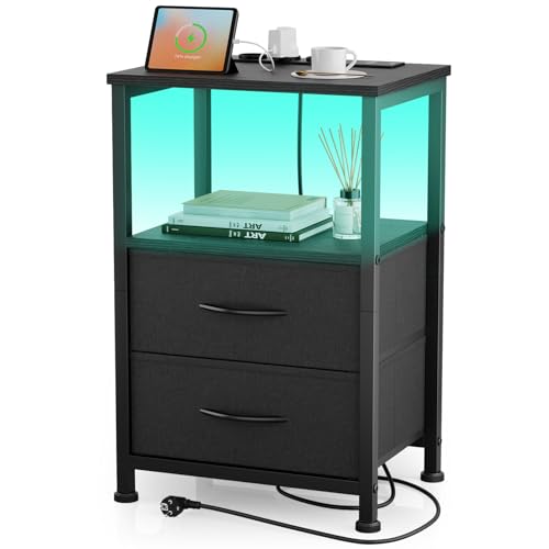 Yornoli Nachttisch mit LED & Ladefunktion, Beistelltisch mit Schublade, Nachttische mit 3 AC-Anschlüsse & 2 USB-Anschlüssen, Beistelltische fürs...