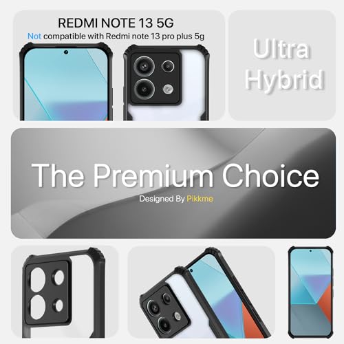 Image of Pikkme Redmi Note 13 5G Back Cover | Crystal Clear Transparent Back | Ultra Hyrbid | Full Camera Protection | Raised Edge | Bumper Back Case (Black)