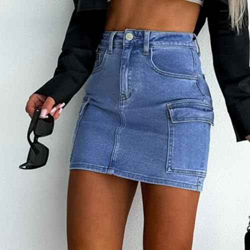 2025 Fashion Women's Cargo Bodycon Mini Denim Skirt High Waist Zipper Fly Short Jean Skirts with Flap Pockets4