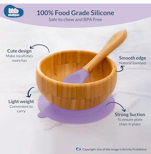 Image of Kids Station Wooden Baby Feeding Set - Bowl, Spoon & Bib - Purple | Eco-Friendly Self-Feeding Baby Tableware Set (3 pcs, Purple)