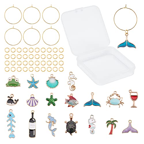 SUNNYCLUE 1 Caja 18 Estilos Estilo Océano Copa de Vino Encantos Identificadores Marcadores Etiquetas Mar Animal Esmalte Colgantes Aleación Shell Encanto con 18 Piezas Vino Cover