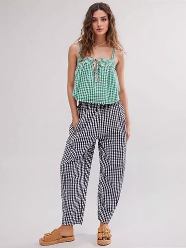 Women's Plaid Pant Gingham Lounge Pants Wide Leg Mid Rise Elastic Waist Checkered Long Trousers with Pockets2