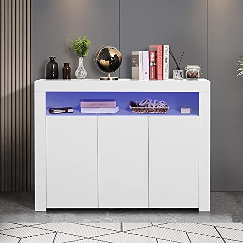 GLCHQ Storage Buffet Cabinet Buffet, Sideboard Cupboard High Gloss with LED Light with Shelves and Door for Entryway,Hallway, Kitchen,Home Office,Home bar (White, Three Doors)