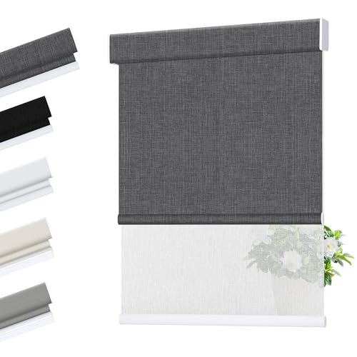 Allesin Zen Cordless Dual Roller Shades with Square Cassette,Double Layer Window Shades,Blackout and Light Filtering, Day and Night Blinds for Home Office Door, Charcoal Gray and White, 24" W X 46" H