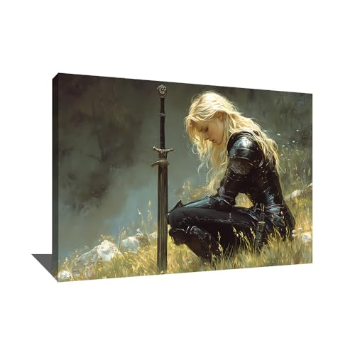 Tableau Guerrière - Decoration Dark Fantasy - Impression Sur Toile Avec Cadre Xxl - Tableau Contemporain Moderne - Épée Decoration Murale - Grand Cadre...