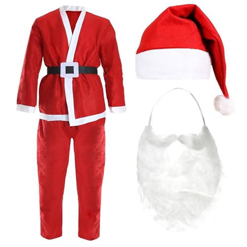 Costume de Père Noël rouge et blanc ensemble de 5 pièces avec barbe et ceinture incluses - 2