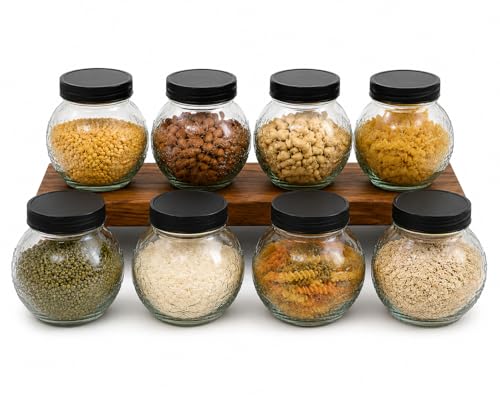 Image of Designer Transparent Glass Storage Jar with Black Plastic Airtight Lid, 900 ML Food Grade Kitchen & Pantry Storage Container, Size 8 X 14 X 14 cm, Ideal for Pulses, Dry Fruits, Pack Of 8