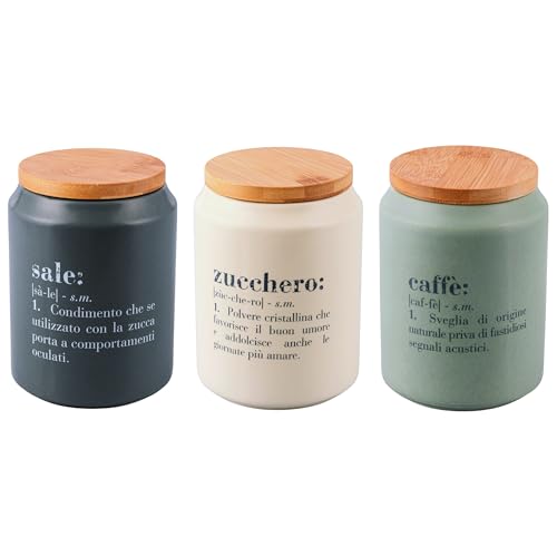 Set 3 barattoli sale, zucchero e caffè 1,1L in ceramica, coperchio in bambù, Victionary