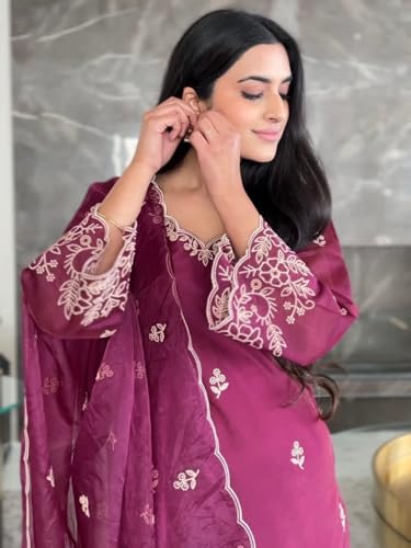 Image of Royal Export Women's Kurta Set | Viscose Silk Floral Embroidered Straight Kurta Pant Dupatta Set Kurta Sets for Women | Ladies Kurta Set