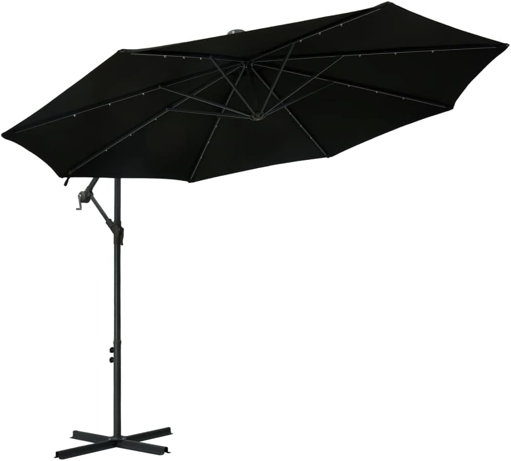 Cantilever Umbrella with LED Lights and Steel Pole,Outdoor Sun Shade,Offset Umbrella,Picnic Umbrella,Beach Umbrellas,Patio Umbrella,Balcony Cover,for Picnics,BBQ,Garden,Parties, 118.1" Black