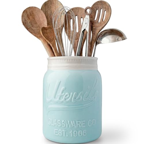Comfify Wide Mouth Mason Jar Utensil Holder Decorative Kitchenware Organizer Crock, Dishwasher Safe - Kitchen Caddy Aqua Blue for Countertop, Large Size 7" Hight