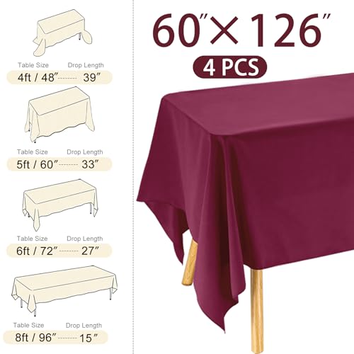 Image of 4 Pack Rectangle Tablecloth 60x126 Inch Burgundy Washable Polyester Table Cover for Wedding Dining Table Buffet Parties Banquet Decoration(Burgundy)
