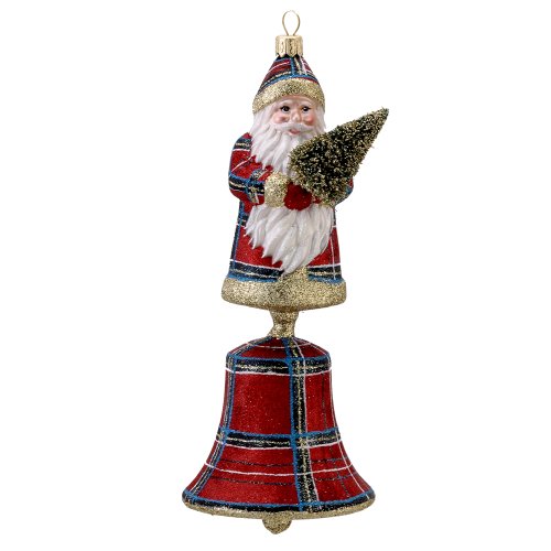 Kurt Adler David Strand Glass Plaid Santa Bell Stewart Ornament, 8.1-Inch