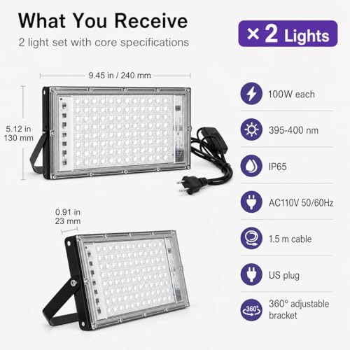 Image of QWORK 100W UV Black Light Flood Lights - 2 Pack, IP65 Waterproof Stage Lighting for Glow Party Halloween Body Paint Neon Fluorescent Poster Indoor Outdoor Use