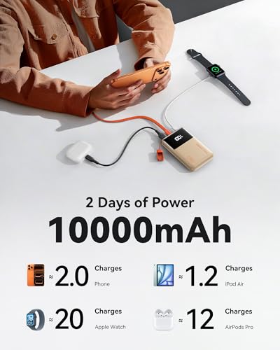 Image of INIU Power Bank, Compact 10000mAh 45W PD Fast Charging Portable Charger | Detachable USB-C Cable, Stand, Flight-Safe, Travel, Flashlight, Battery Pack for iPhone 17 16, Samsung S26, iPad etc, Beige