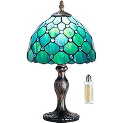 Lamparas Antiguas Verde MIAOKE lámpara tiffany, Lámpara de mesa de vitrales con base delgada de hoja de metal antiguo para espacios pequeños de sala de estar, dormitorio, luz de escritorio de banquero (Cuentas verdes)