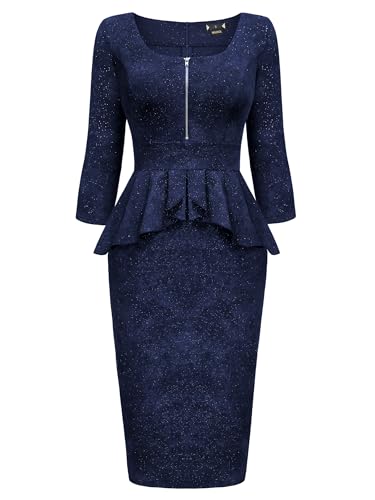Miusol Women's Vintage Square Neck Ruffle Style 3/4 Sleeve Glitter Business Pencil Dress3