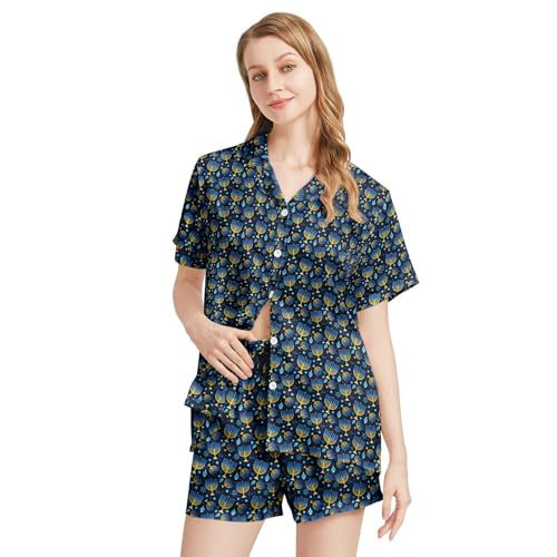 Image of Funny Satin Pajamas Set for Women Button Down Sleepwear Print Pjs Set 2 Piece Short Sleeve Loungewear Gift for Women