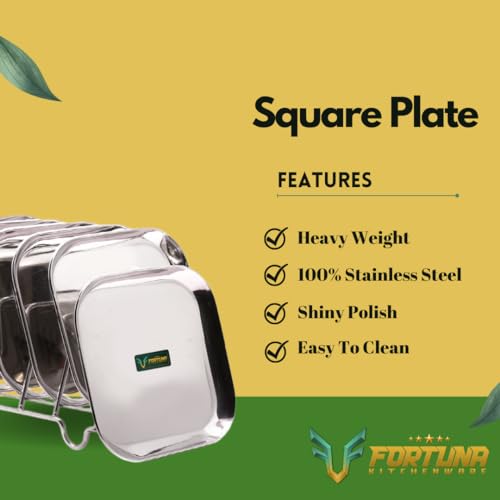 Image of Stainless Steel Plates Set of 6 | Square Plates | Breakfast /Lunch /Dinner Plates Set of 6, Diameter: 8 Inches (Plain) (8 Inches, Solid)