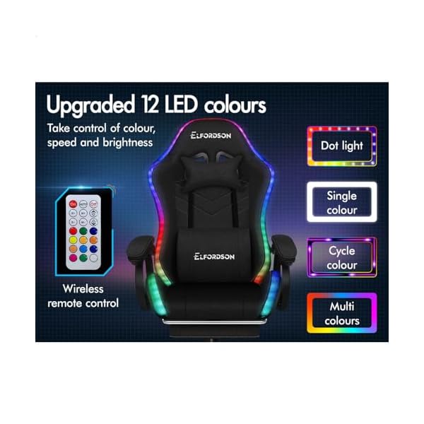 ELFORDSON 8-Point Massage Gaming Chair with RGB LED, Massaging Office Chair with Lumbar Support Footrest 82cm High Back 150° Recliner, Adults and Kids, Fabric Linen, Black - Image 6