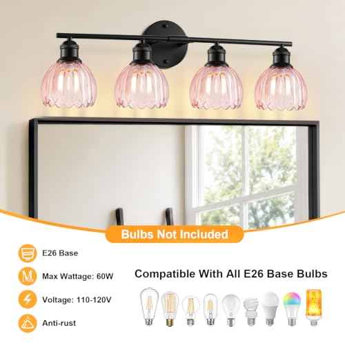 Image of Bathroom Light Fixtures, 4-Light Brushed Black Vanity Lights for Bathroom with Pink Tulip Glass Shade, 20 inch Vintage Bathroom Vanity Lighting Fixtures Over Mirror for Bedroom Living Room Hallway