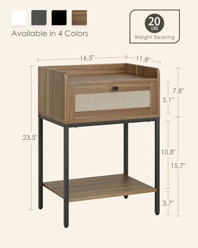 Image of Masupu Rattan Nightstand,3-Tier Modern Bedside Night Stand with Storage Drawer and Shelf,Small End Side Table for Bedroom,Living Room,Walnut Brown (Without Outlet, Brown)