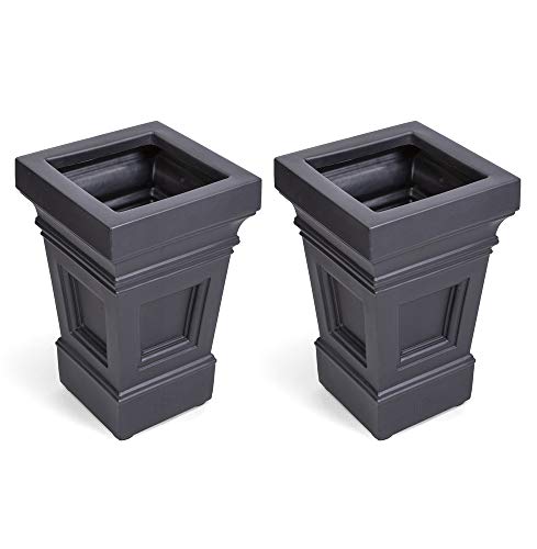 Step2 Atherton Square Planter, Large Planters for Outdoor Plants, Gardening and Flower Pot for Patio or Porch, Efficient Drainage, Durable Plastic, Onyx Black, 2-Pack