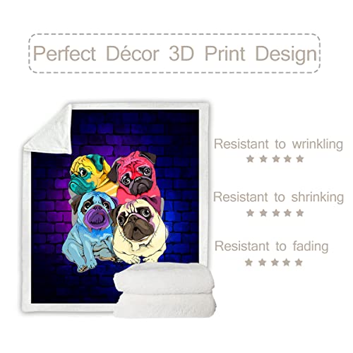 Sleepwish Pug Blankets For Kids Pug Lovers Colorful Pug Dog Throw Blankets Fleece Pug Blanket Soft Sherpa Lining For Bed And Sofa Blankets For All Season, Throw(50"X60") #TOP3