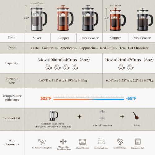 Image of Veken French Press Coffee Maker,No Plastic Touching Cafe,34oz 1L Cafetera | Heat Resistant Thickened Borosilicate Glass Stainless Steel Brewer, Cold Brew Pot for Kitchen,Travel,Camping,Tea,Gifts,Copper