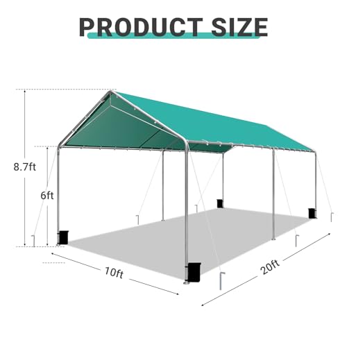 Image of Heavy Duty 10 X 20 Ft Easy to Assemble Metal Car Canopy Shelter with Reinforced Steel Cables, Outdoor Portable Garage for Car, Boat Tent, Green