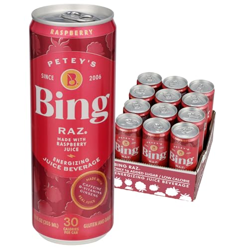 BING RAZ Energizing Juice Beverage – Raspberry (12oz/12pk) – Made with REAL Juice! Only 1g added Sugar, Low Calorie, 5 B-Vitamins & Ginseng; 100mg Caffeine; Vegan, Gluten + Dairy Free. DELICIOUS