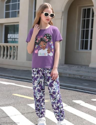 Image of mksodop Girls Outfit Set Graphic T Shirt and Camo Jogger Pants Cute Casual Clothes for Girls 5-16 Years
